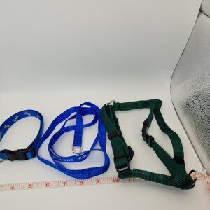 Lot of 3-Small Dog-Green Harness, Blue Collar & Blue Leash.